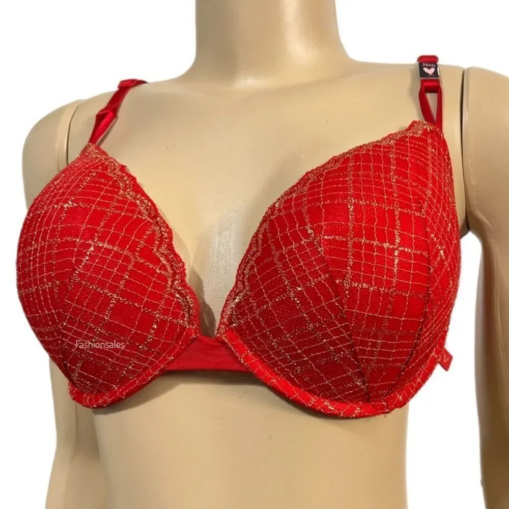 Victorias Secret Push Up Padded Metallic Lace bra red and gold